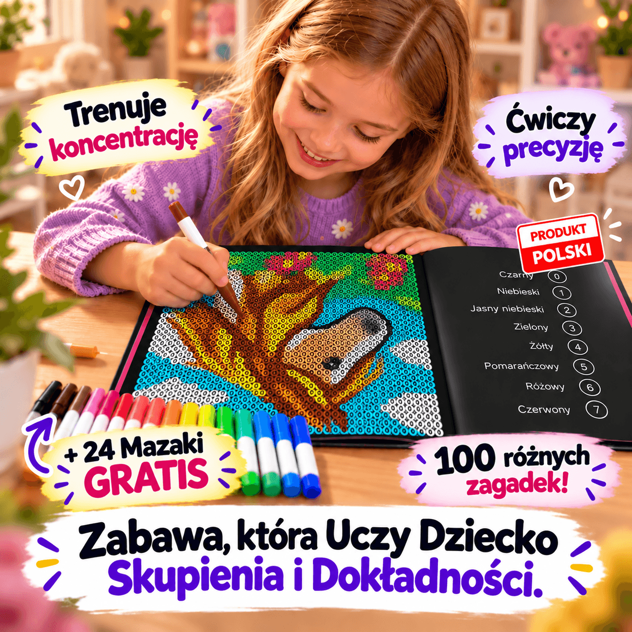 Kolorowa Zagadka - 100 Ukrytych Obrazów dla Skupienia i Rozwoju + 24 Mazaki GRATIS